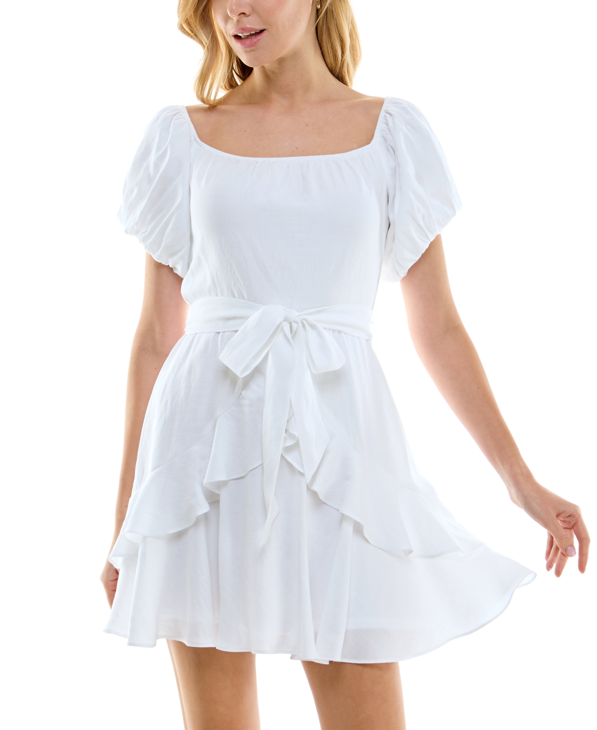 Juniors' Tie-Waist Fit & Flare Ruffled Dress - White