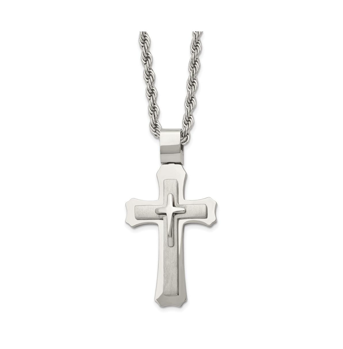 Brushed Triple Layer Cross Pendant Rope Chain Necklace - Silver