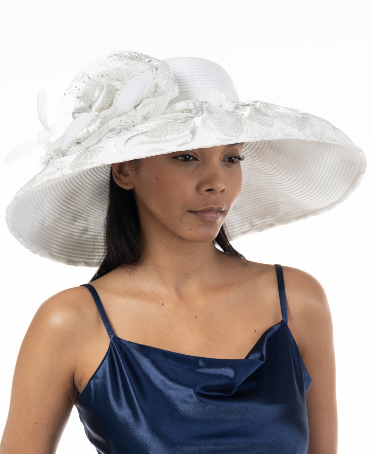 Women's 3D Floral Overlay Dressy Hat - White