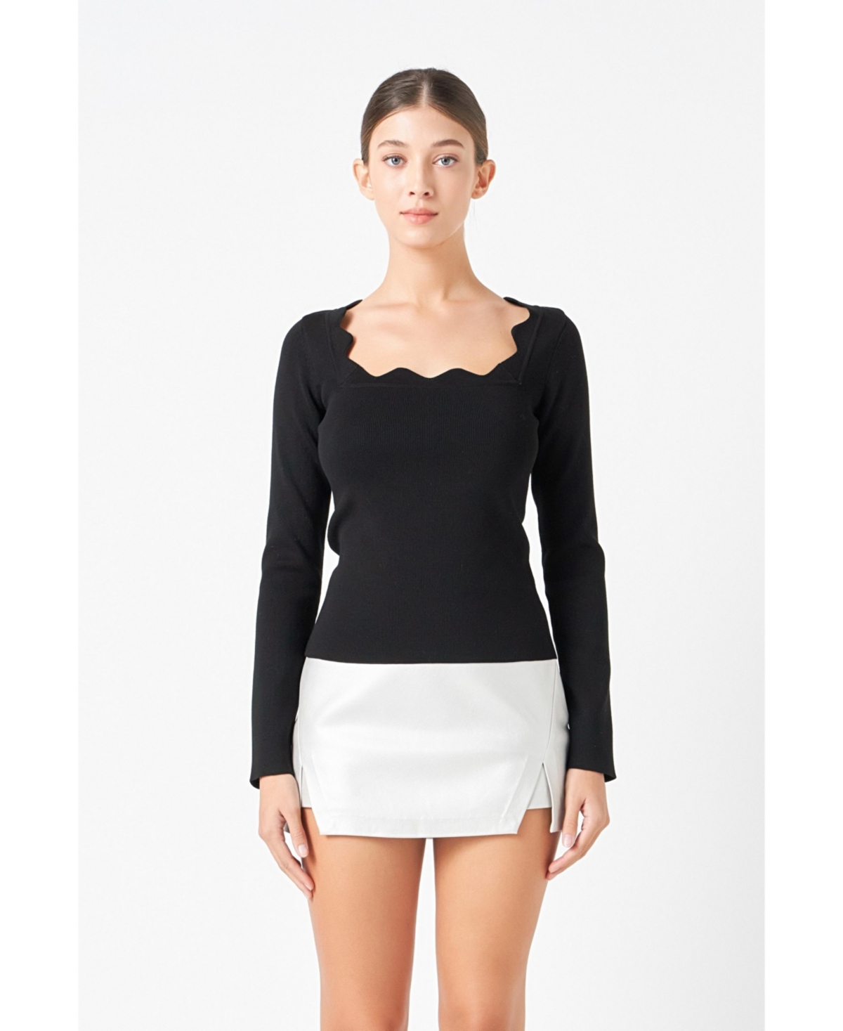 endless rose Women's Scallop Detail Long Sleeve Sweater