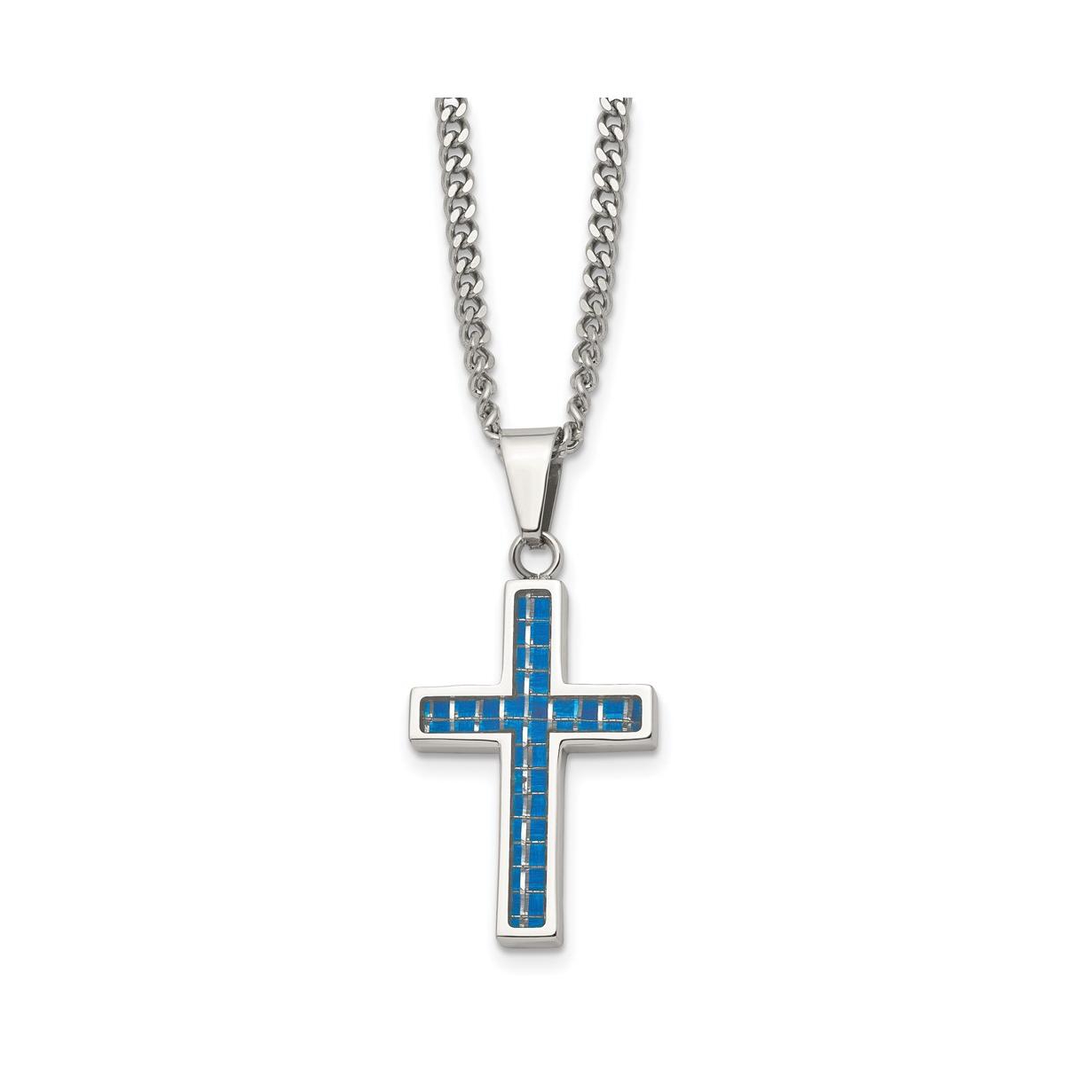 Blue Carbon Fiber Inlay Cross Pendant Curb Chain Necklace - Silver