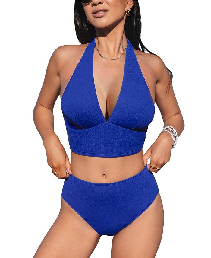 CUPSHE Vrouwen Bikini Sets Tweedelig Badpak Hoge Taille Halter Terug Self Tie V-hals Getextureerde Hollow Out, Wit/Blauw Bloemen, XS