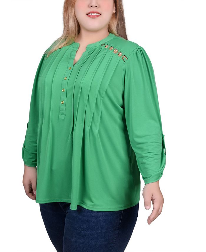 NY Collection Plus Size Long Sleeve Pintuck Front Top with Chain ...