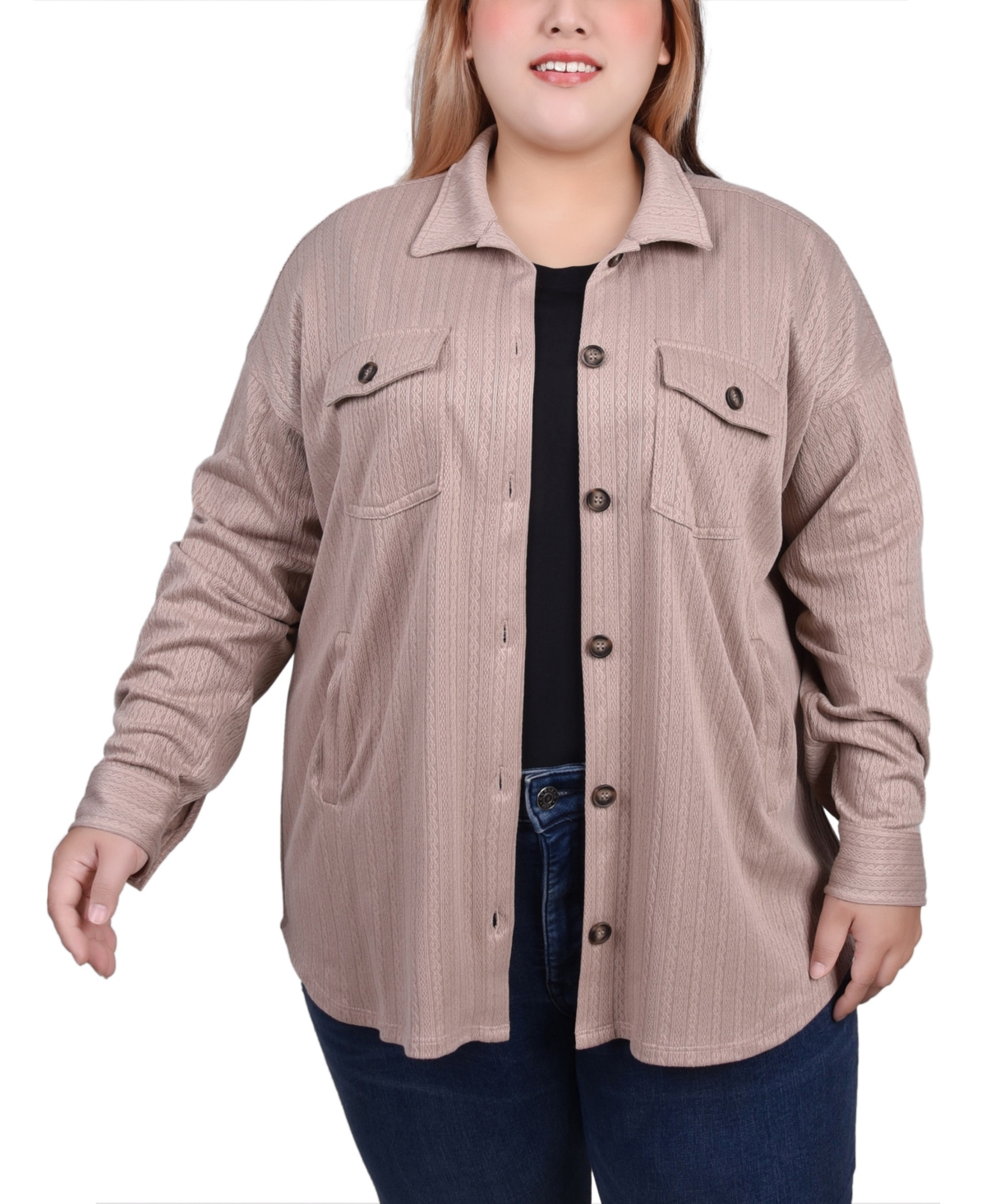Ny Collection Plus Size Long Sleeve Textured Knit Shirt Jacket In Camel