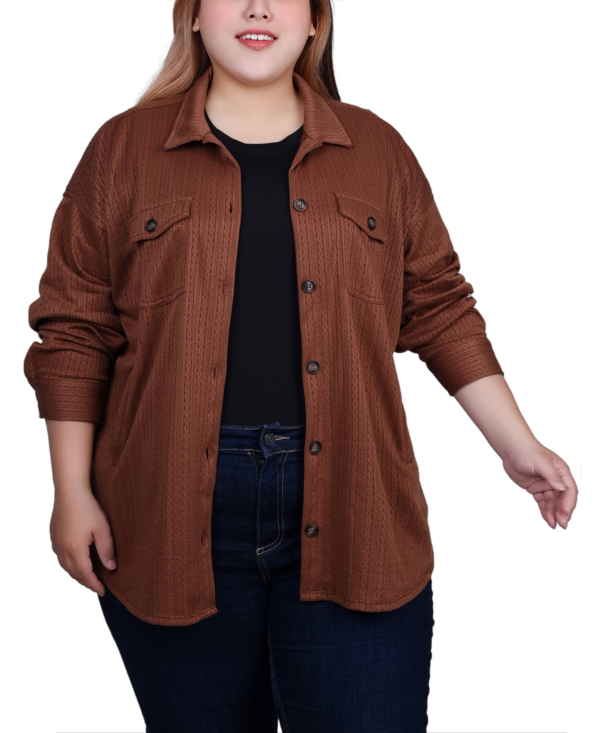 Ny Collection Plus Size Long Sleeve Textured Knit Shirt Jacket In Toast