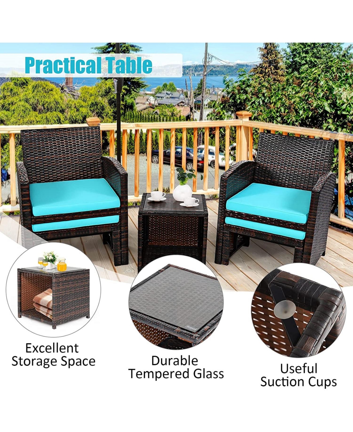 5 Pieces Patio Rattan Furniture Set with Ottoman and Tempered Glass Coffee Table- Turquoise