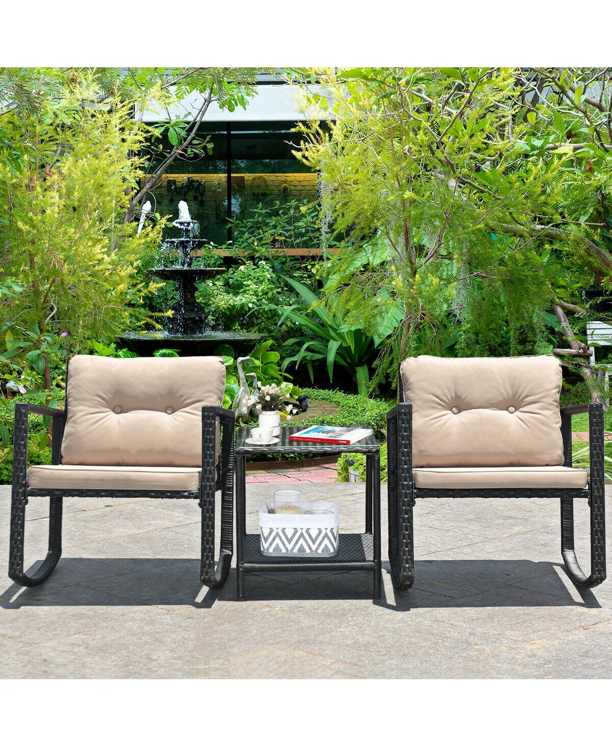 3 Pcs Wicker Rocking Bistro Set with Glass Coffee Table and Storage Shelf