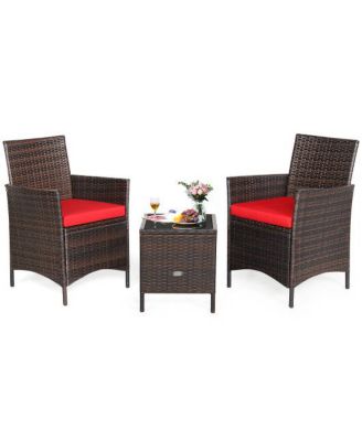 3 Pieces Patio Rattan Furniture Set Cushioned Sofa and Glass Tabletop Deck