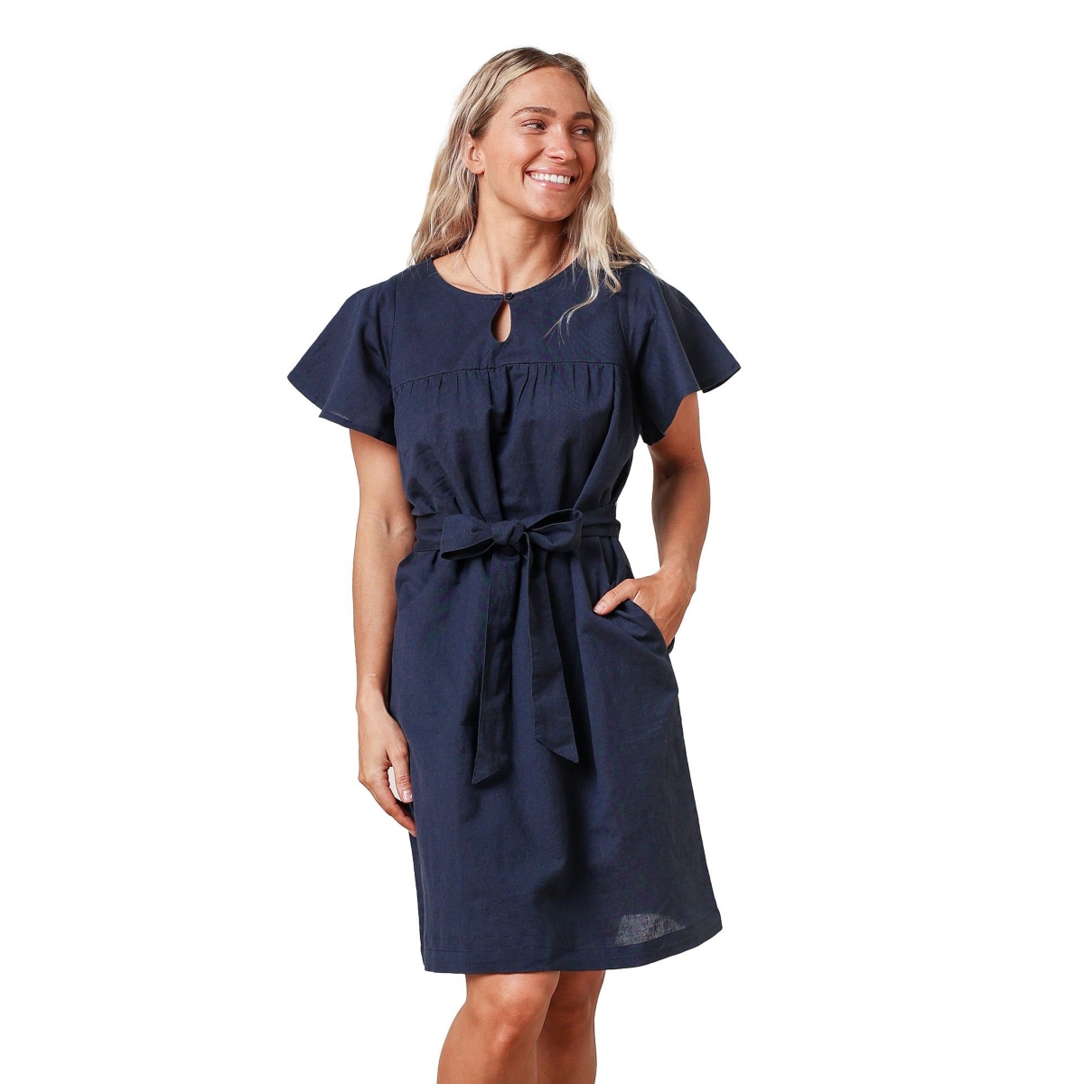Women's Bell Sleeve Linen Keyhole Dress - Navy linen