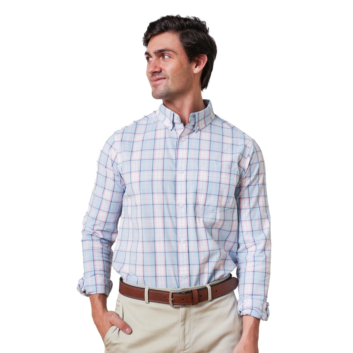 Men's Organic Long Sleeve Stretch Poplin Button Down Shirt - Pink petal plaid