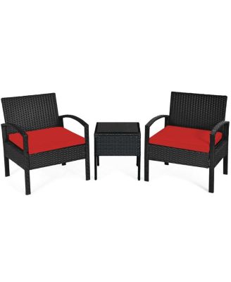 3 Piece Outdoor Rattan Patio Conversation Set with Cushioned Seating