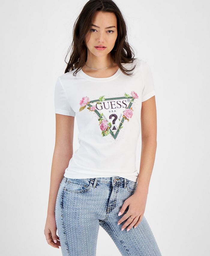 GUESS Women's Roses Triangle Logo T-Shirt - Macy's