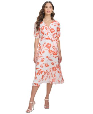 DKNY - Women's Ruched-Sleeve V-Neck Faux-Wrap Dress