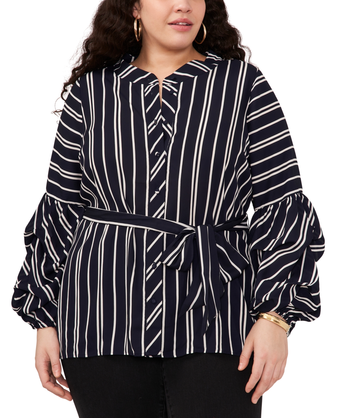 Plus Size Striped Belted Blouse - Classic Navy