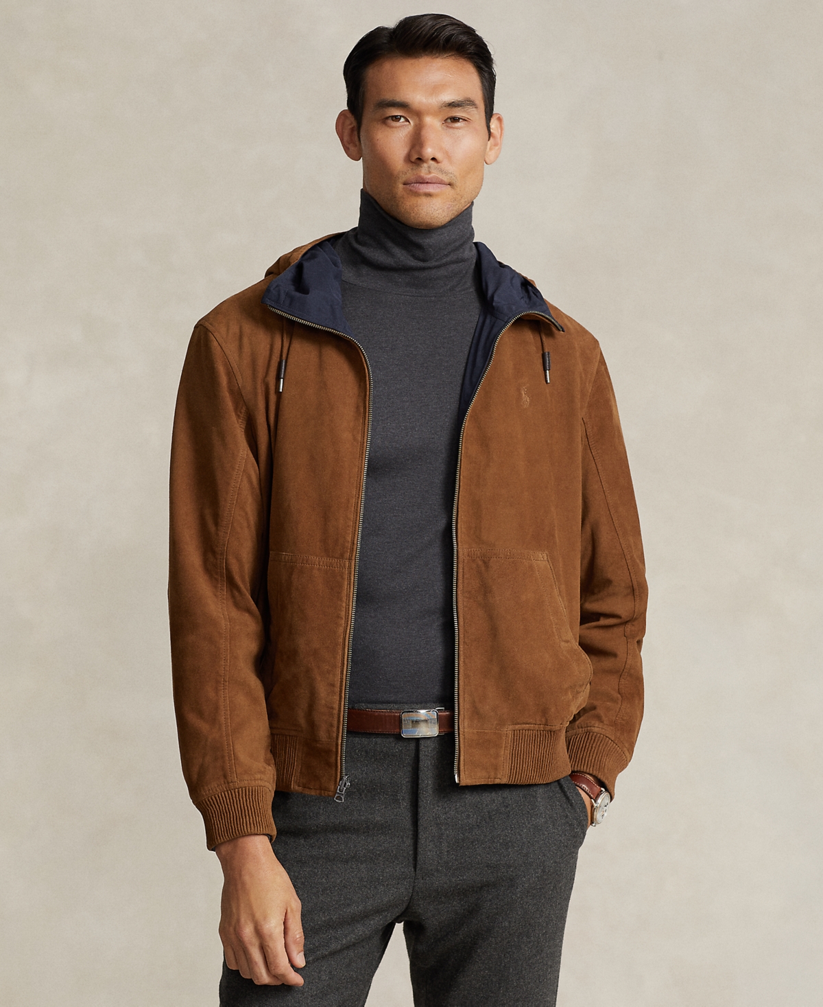 Polo Ralph Lauren Reversible Suede And Taffeta Hooded Jacket In Country Brown,collection Navy