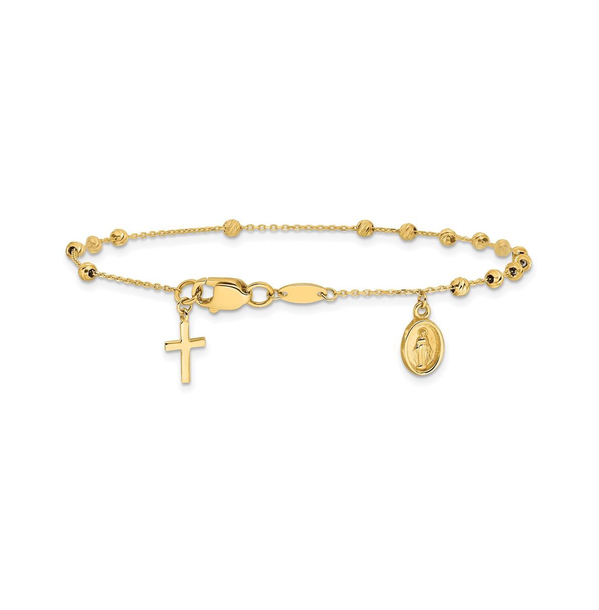 14K Yellow Gold Diamond-cut Miraculous Medal Cross Rosary Bracelet - Gold