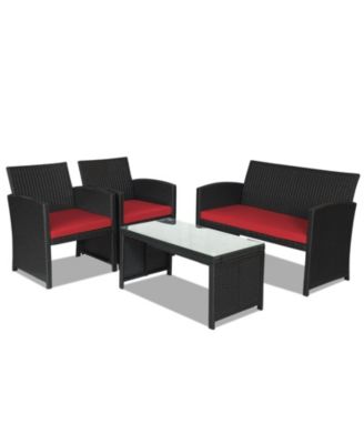 4 Piece Rattan Patio Furniture Set with Cushions and Tempered Glass Table