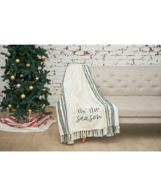 "Tis The Season" Morgan Green & White Christmas 100% Cotton Handwoven Throw Blanket 50" x 60"