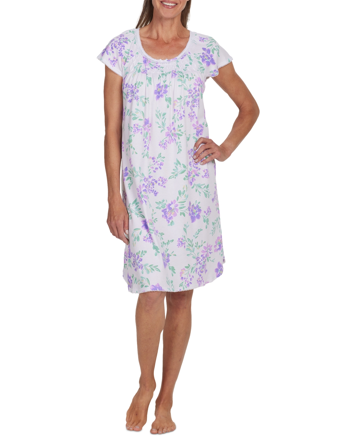 Women's Floral Short-Sleeve Nightgown - Lavender Flowers On White