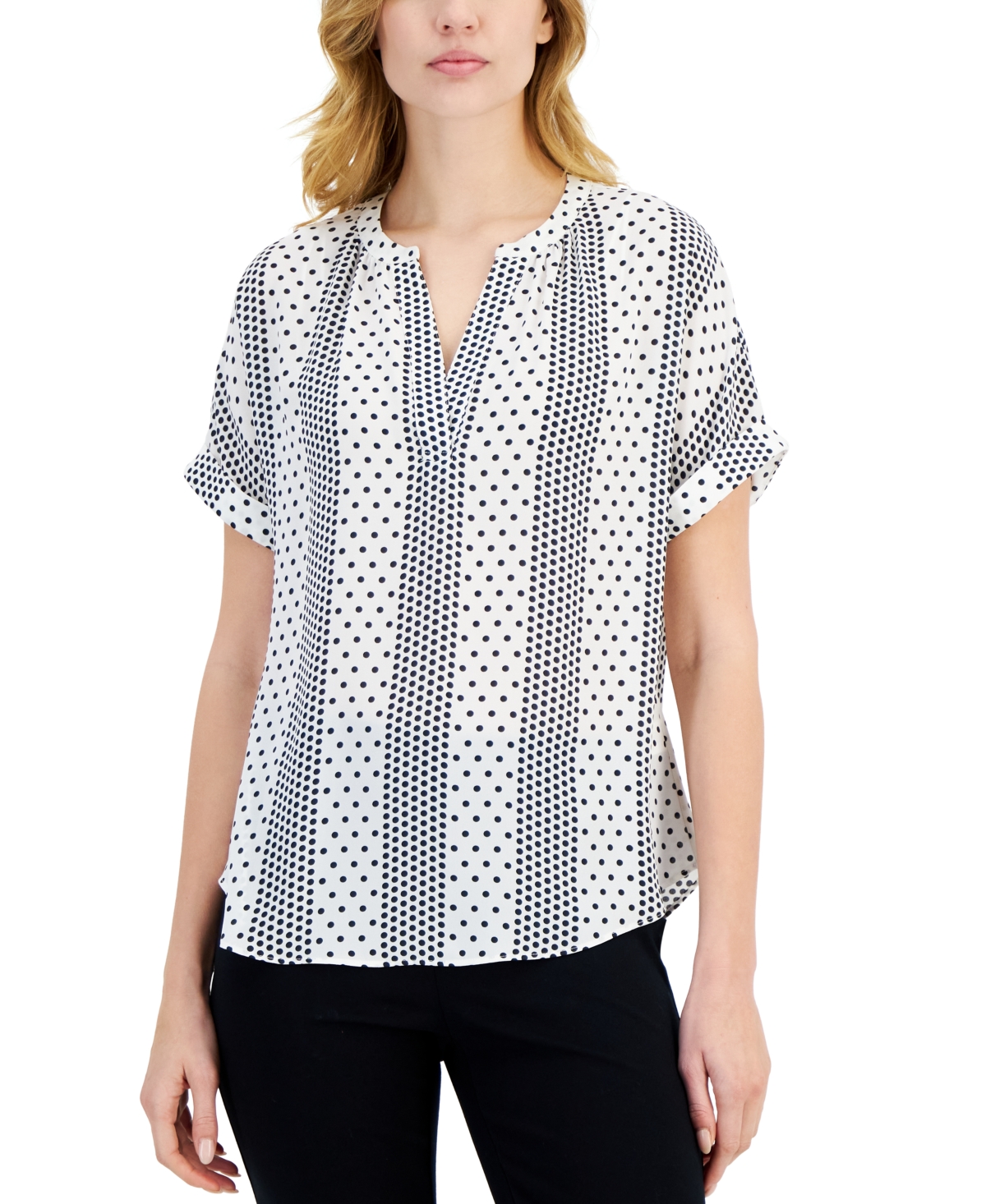 T Tahari Women's Printed Split-neck Rolled-cuff Top In Dotted Dream White