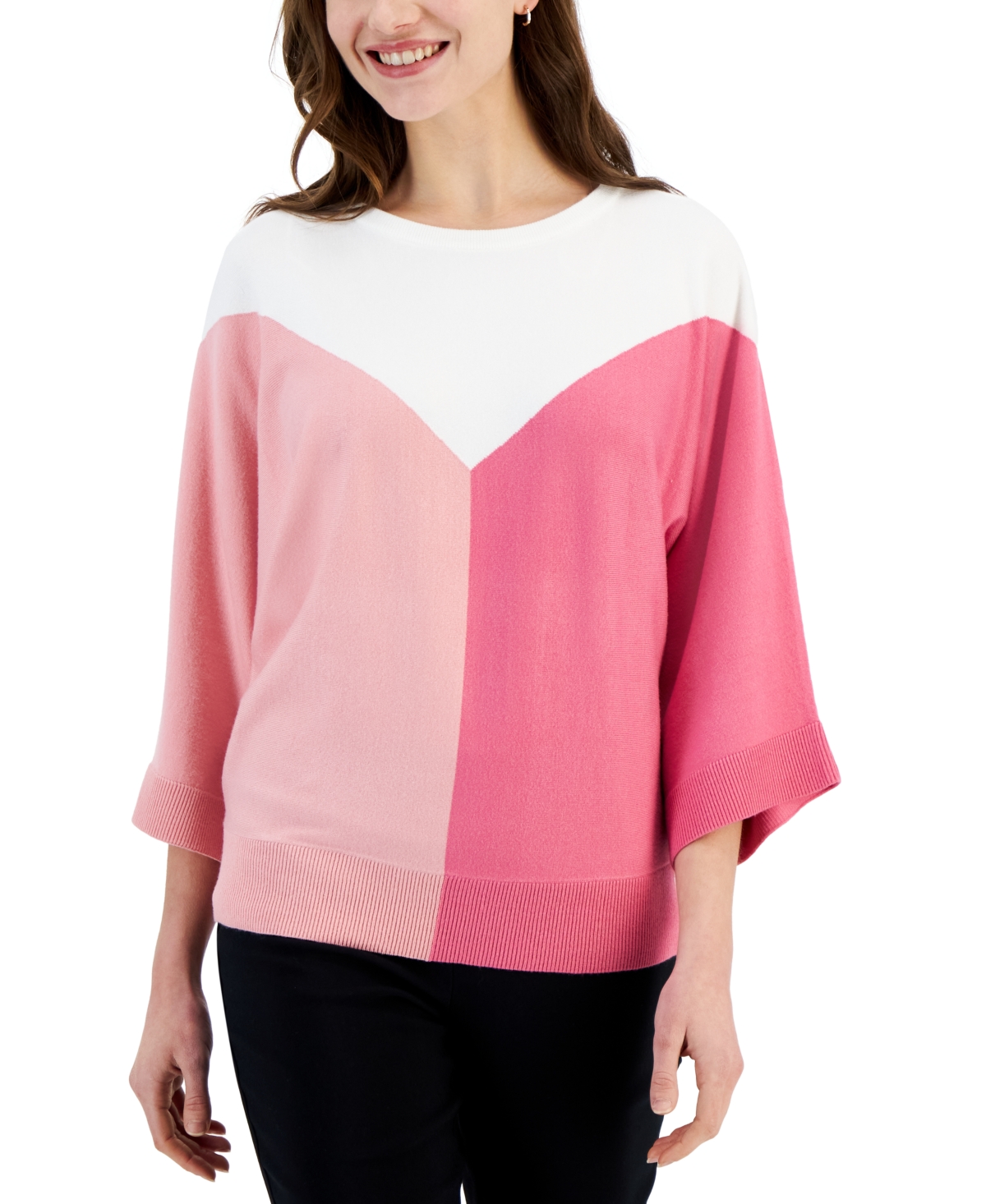 Shop T Tahari Women's Colorblock Dolman-sleeve Sweater In Dust Pink And Bombay Combo