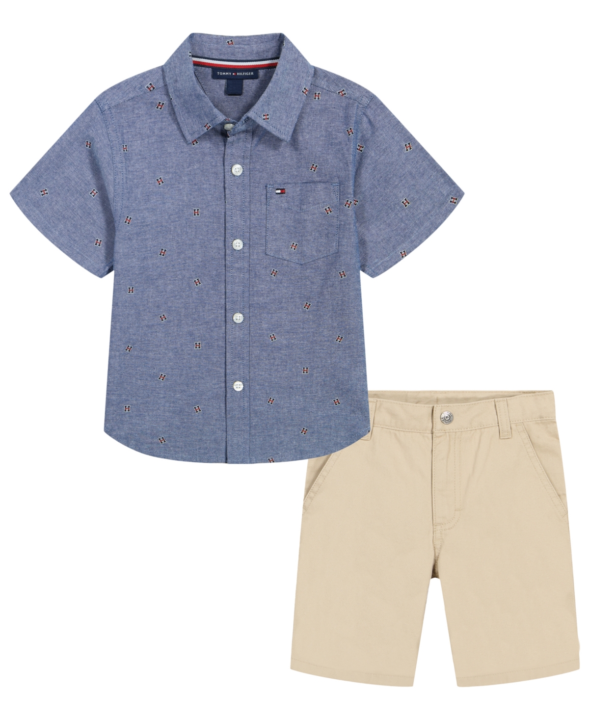 Shop Tommy Hilfiger Toddler Boys Prewashed Printed Chambray Short Sleeve Shirt And Twill Shorts, 2 Piece Set In Blue