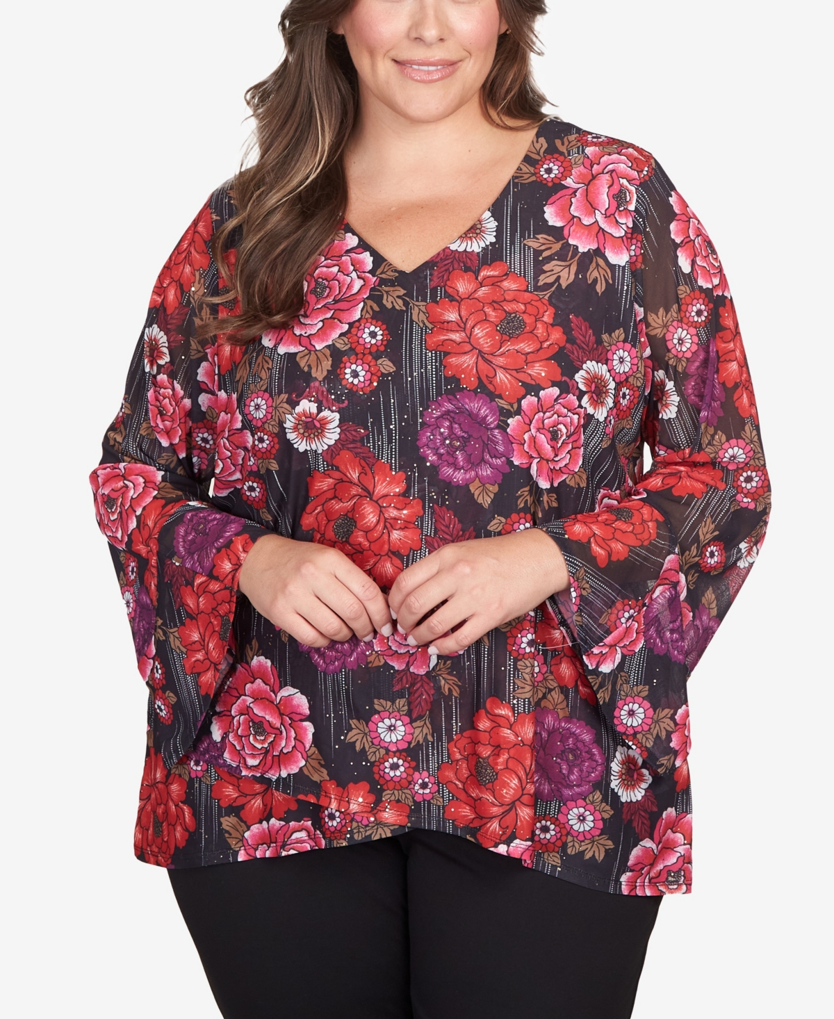 Plus Size Glittering Rose Kimono Top - Black Multi