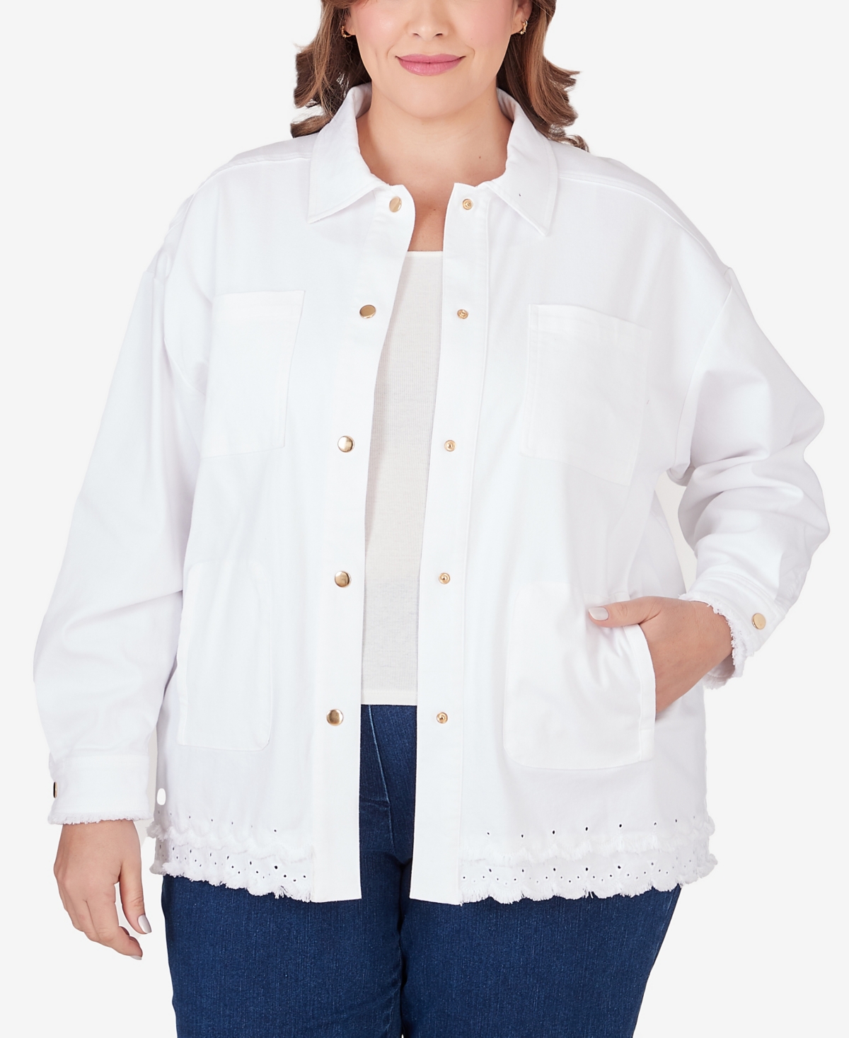Plus Size Snap Front Twill Jacket with Fringe Trim - White