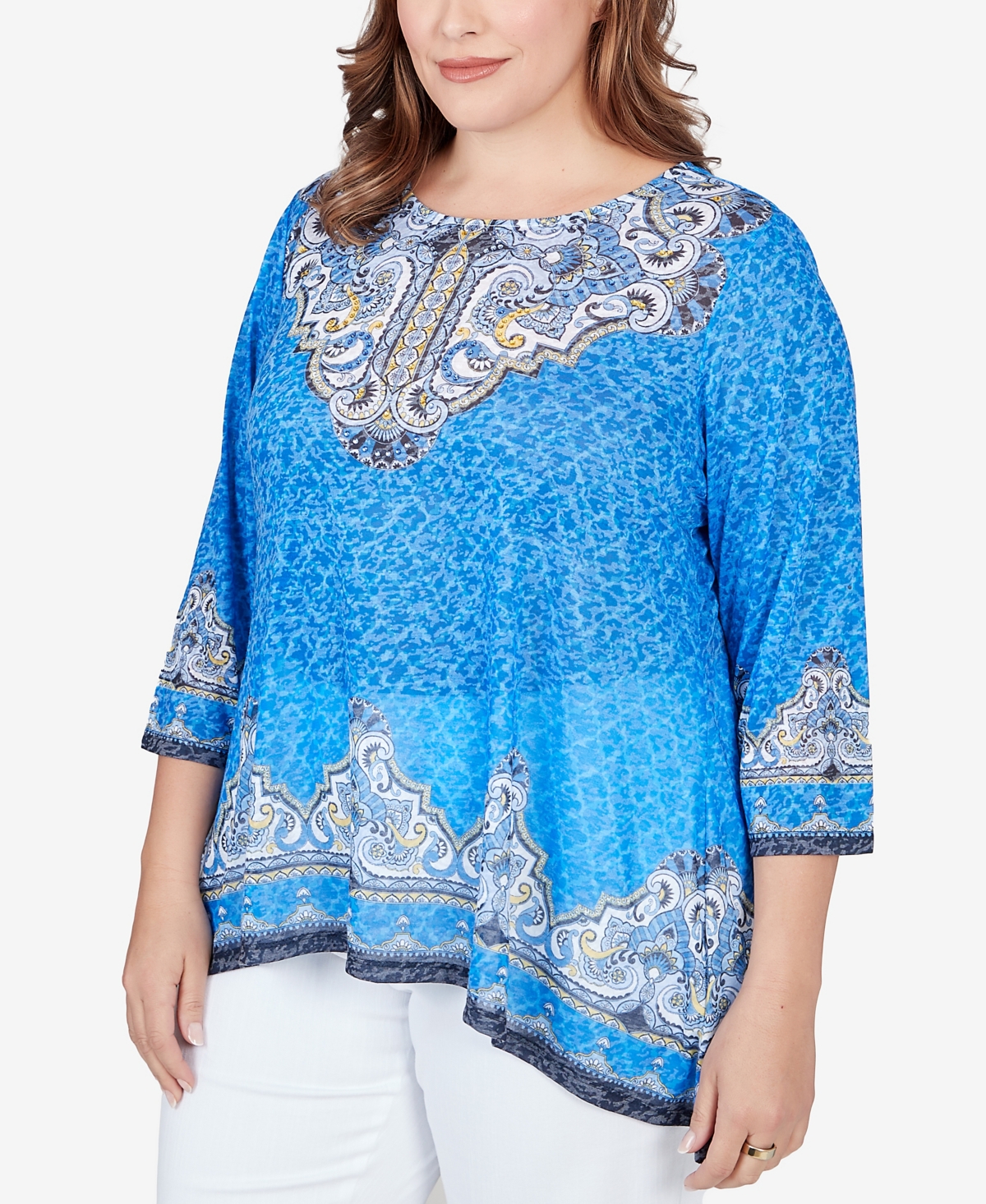 Ruby Rd. Plus Size Embellished Scoop Neck Marrakesh Border Print Sublimation Knit Top