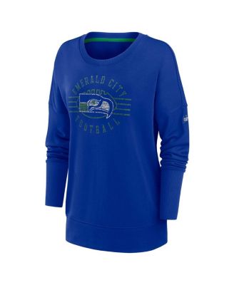 Women's Royal Distressed Seattle Seahawks Rewind Playback Icon Performance Pullover Sweatshirt