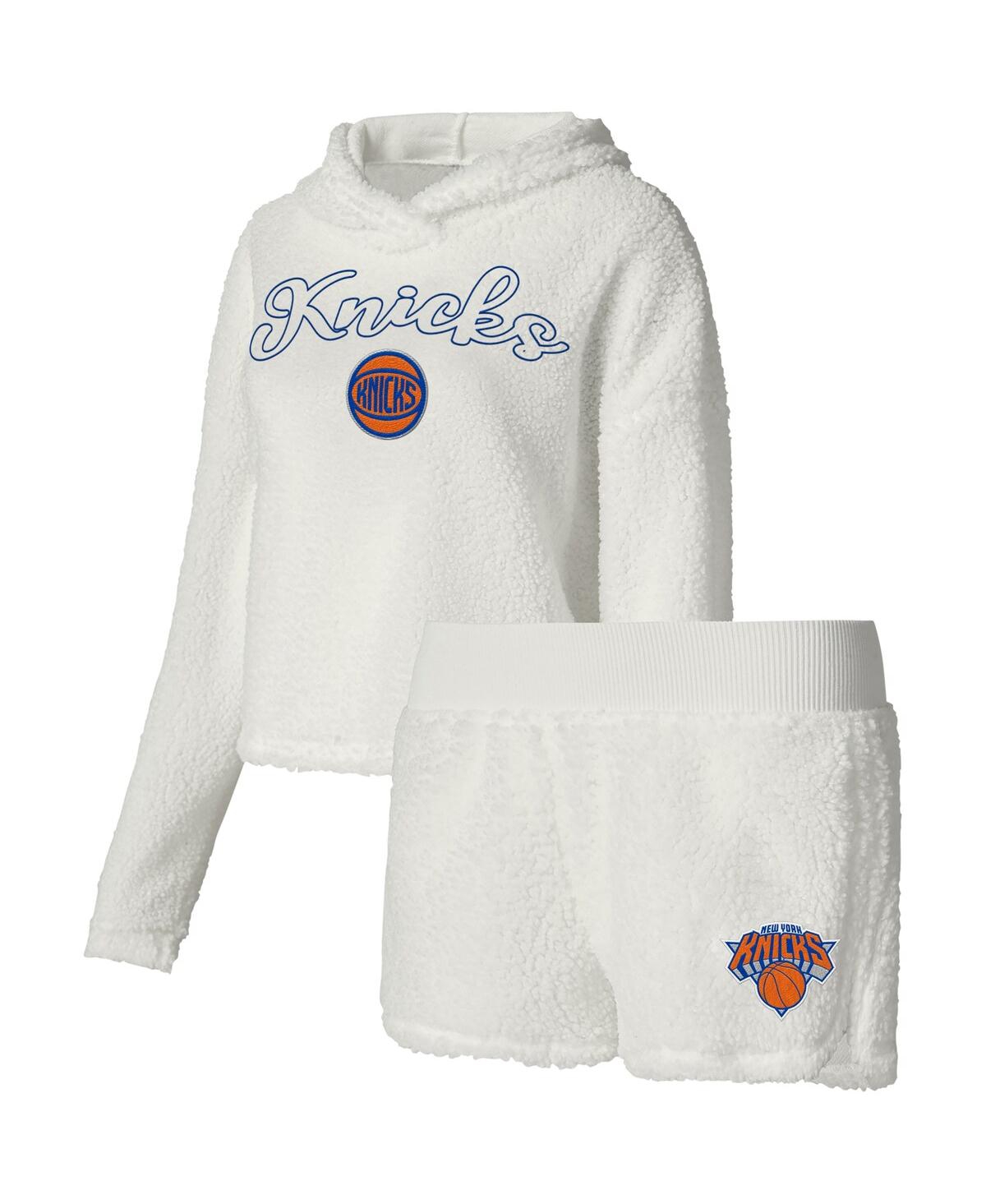 Women's College Concepts Cream New York Knicks Fluffy Long Sleeve Hoodie T-shirt and Shorts Sleep Set - Cream