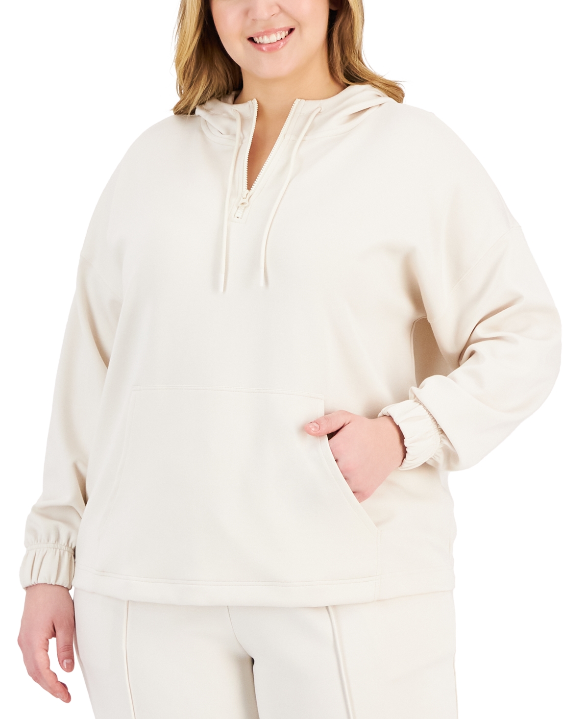 Shop Id Ideology Plus Size Quarter Zip Hooded Sweatshirt, Created For Macy's In Antique Ivory