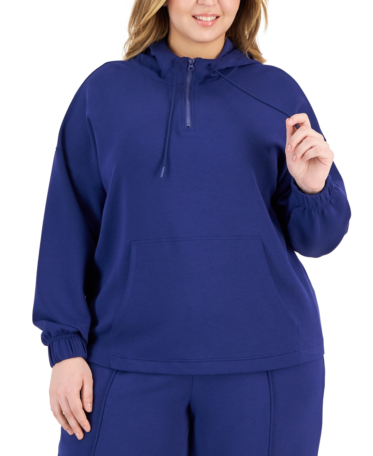 Shop Id Ideology Plus Size Quarter Zip Hooded Sweatshirt, Created For Macy's In Tartan Blue