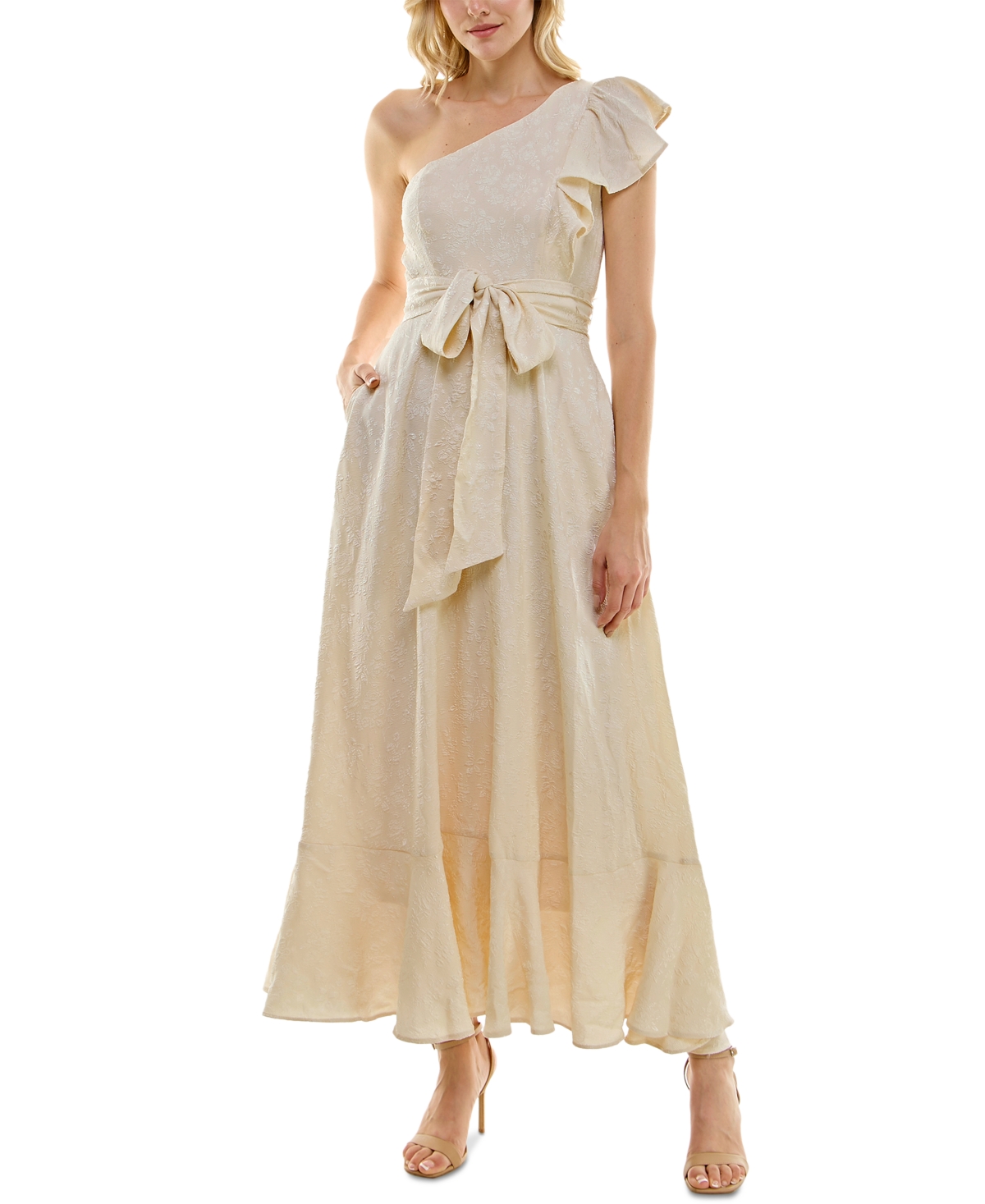 Women's One-Shoulder Flora-Jacquard Maxi Dress - Parchment