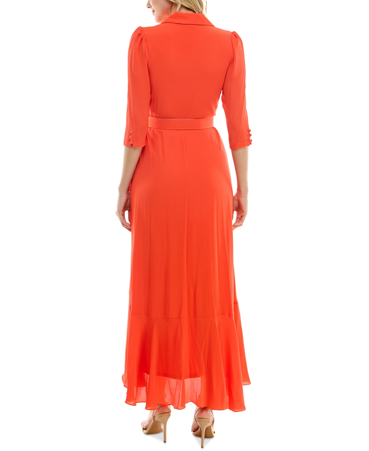 Shop Maison Tara Women's Collared 3/4-sleeve Ruffle-trim Maxi Dress In Orange