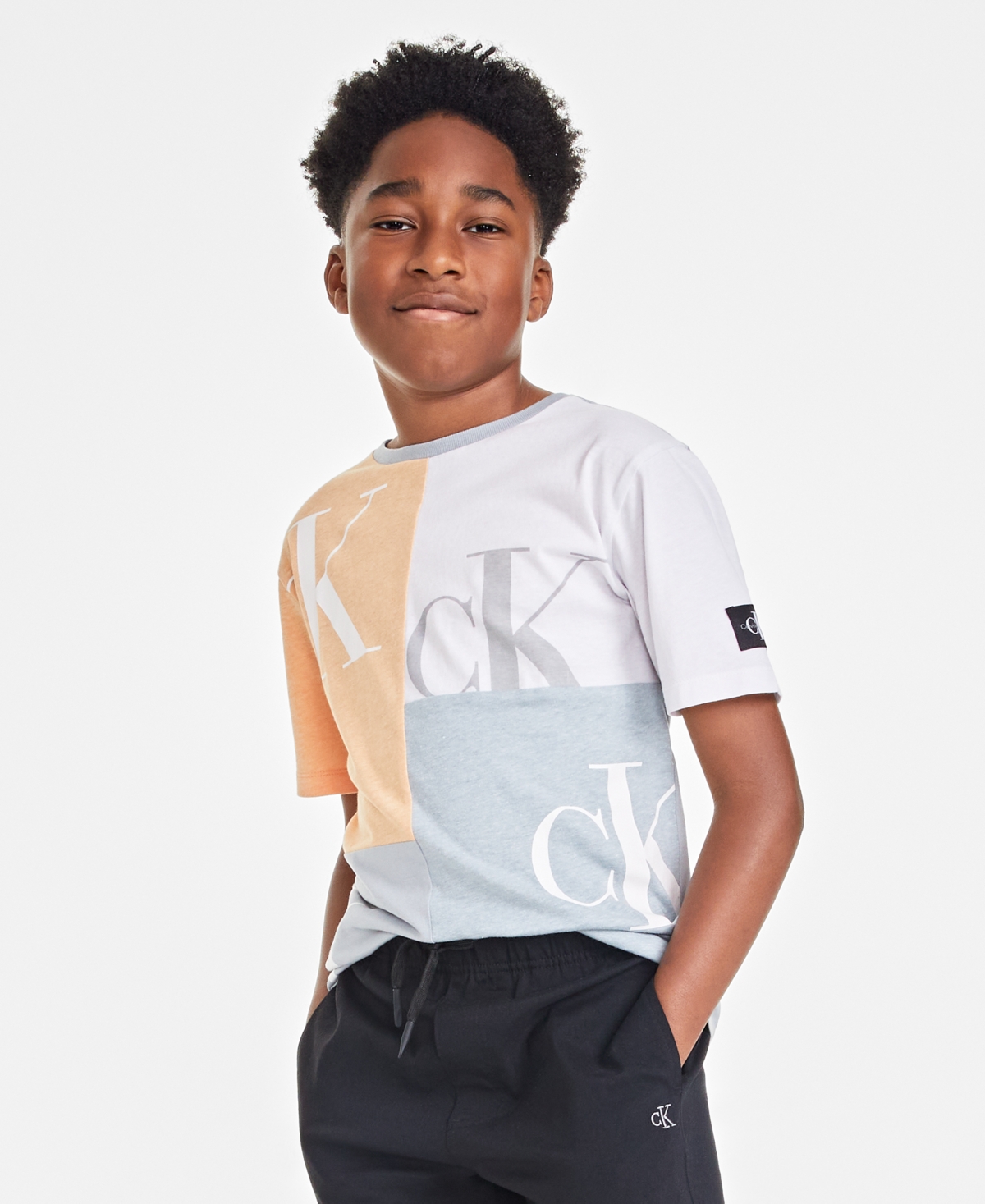 Shop Calvin Klein Big Boys Block Party Short-sleeve Cotton Graphic T-shirt In Quarry