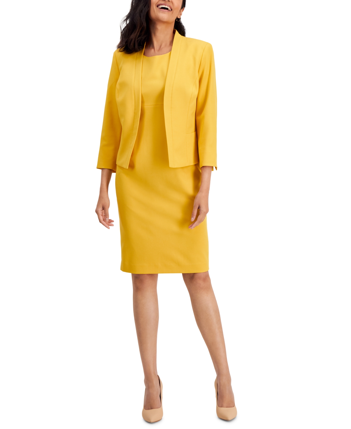 Women's Crepe Open Front Jacket & Crewneck Sheath Dress Suit, Regular & Petite - Azure