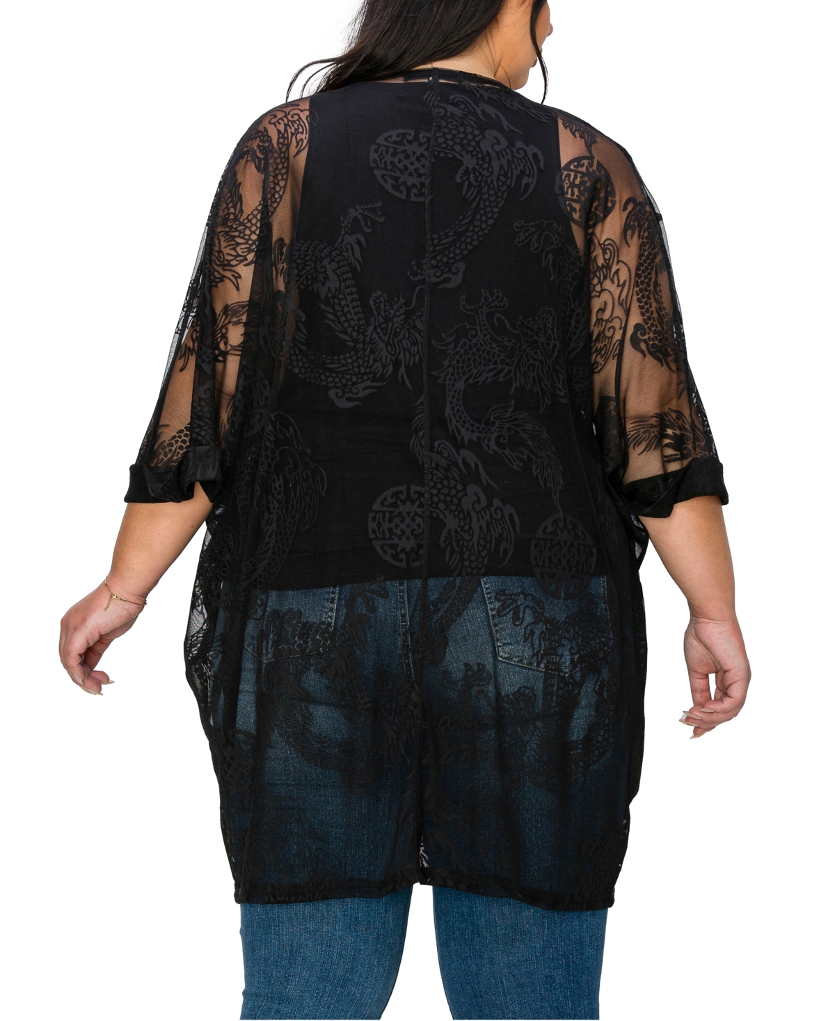 Coin 1804 Plus Size Dragon Print Mesh Roll Sleeve Kimono Top