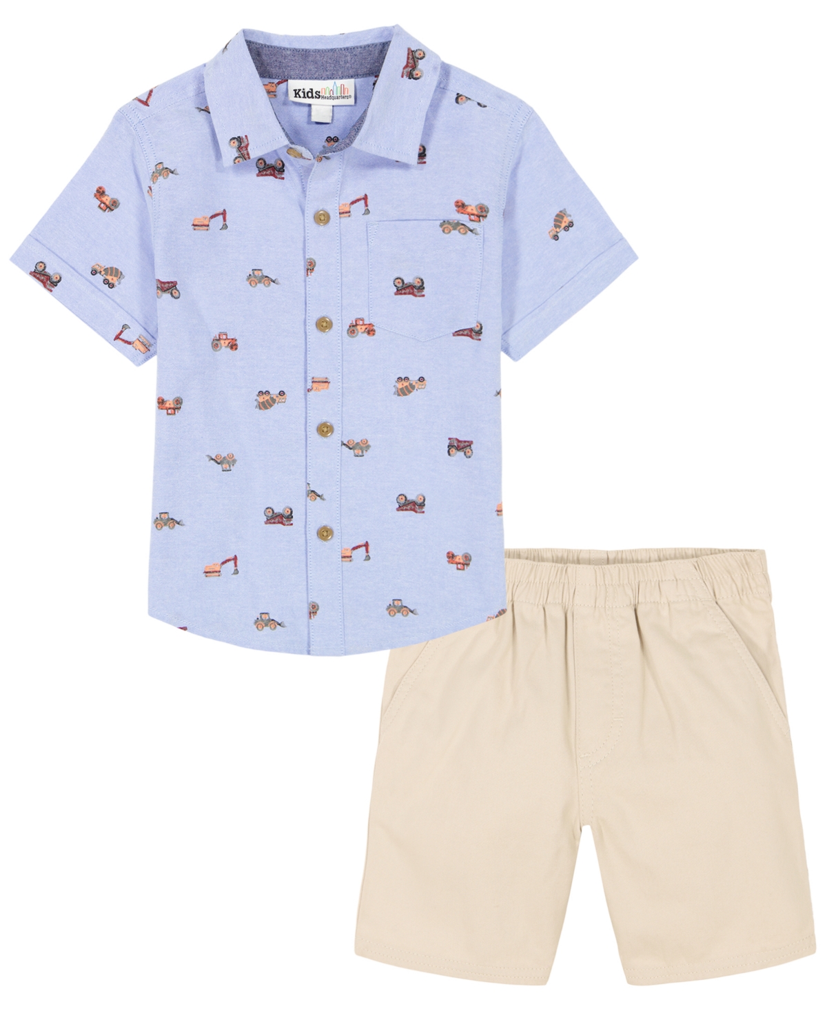 Shop Kids Headquarters Toddler Boys Short Sleeve Printed Oxford Shirt And Twill Shorts, 2 Piece Set In Tan