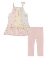Kids Headquarters Toddler Girls Floral Georgette Babydoll Tunic Top and Capri Leggings, 2 Piece Set - Pink