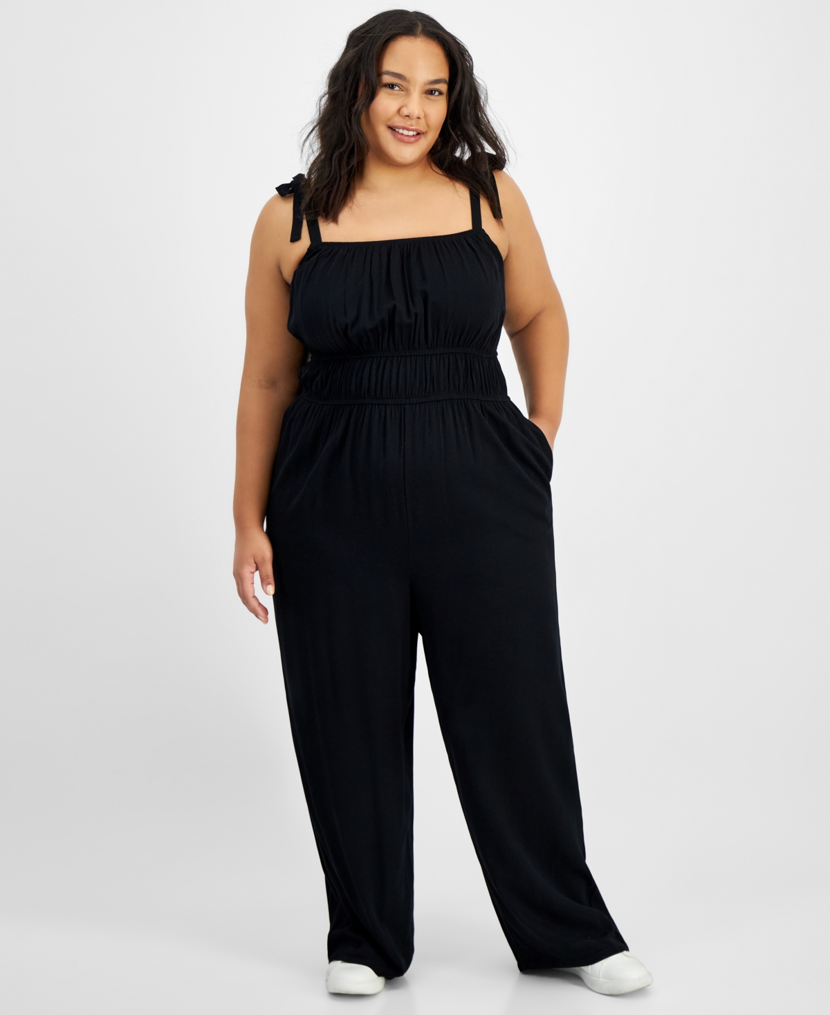 And Now This Trendy Plus Size Smocked Tie-strap Jumpsuit, Created For Macy's In Black