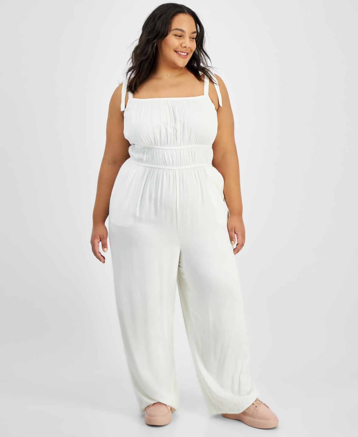 And Now This Trendy Plus Size Smocked Tie-strap Jumpsuit, Created For Macy's In Calla Lilly