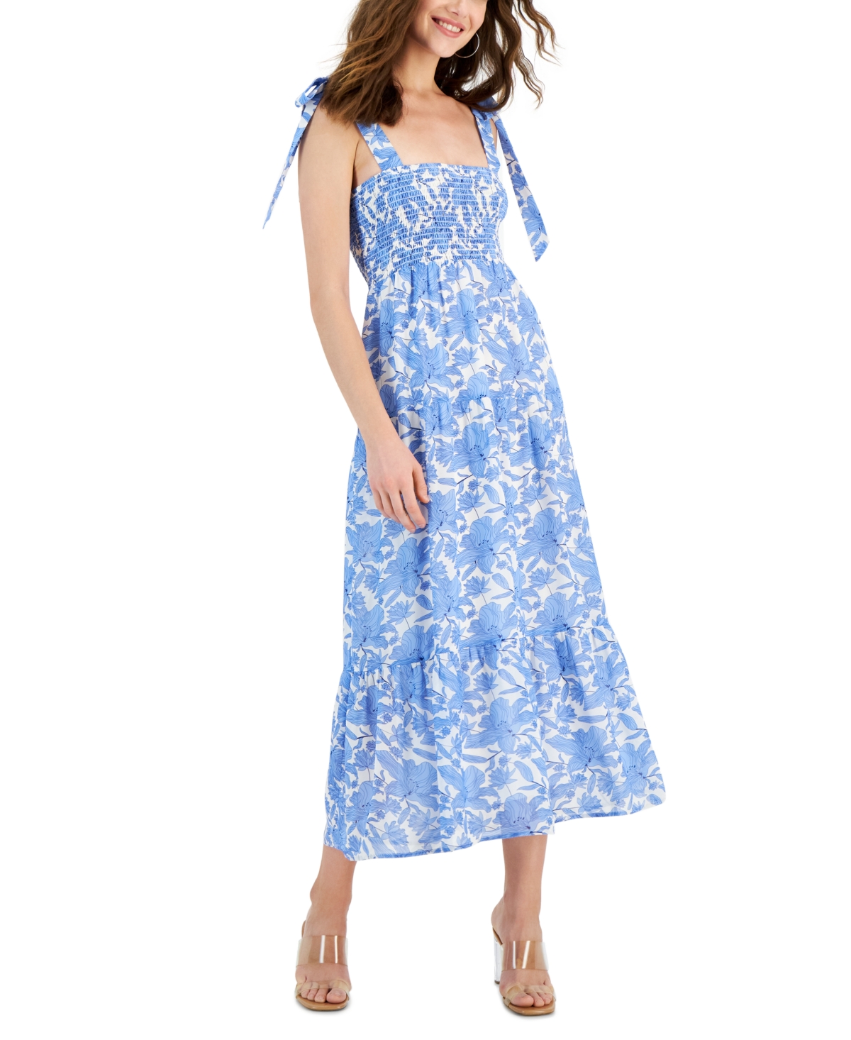 Shop Sam Edelman Women's Tie-shoulder Smocked Tiered Dress In Blue,white