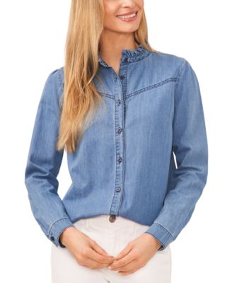 CeCe - Women's Ruffle-Neck Button-Down Denim Blouse