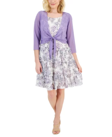 Petite Printed Dress and Tie Jacket - Orc