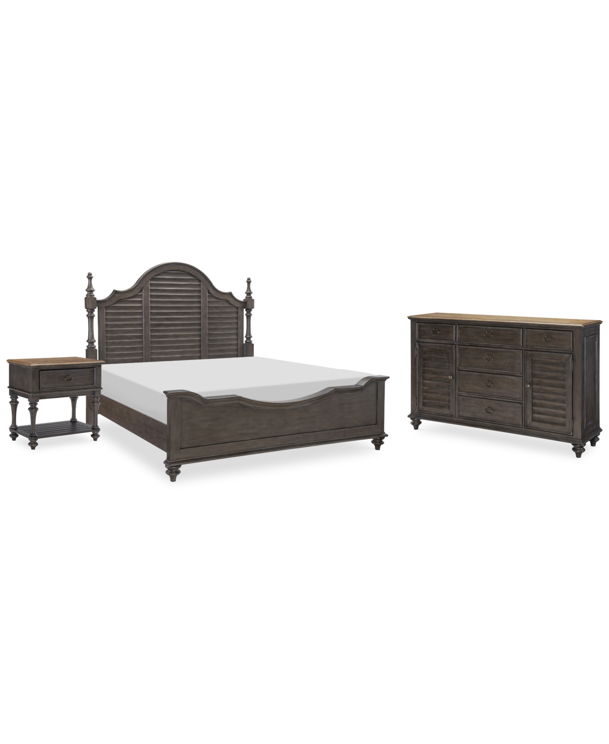 Shop Macy's Mandeville 3pc Bedroom Set (louvered King Bed + Louvered Dresser + 1-drawer Nightstand) In Brown