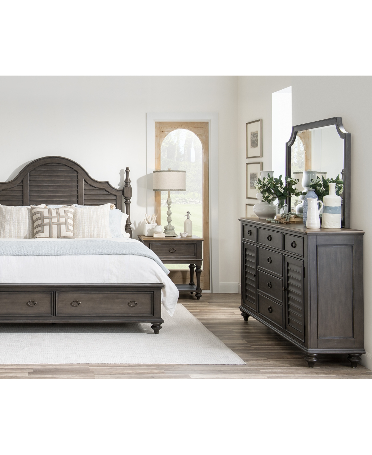 Shop Macy's Mandeville 3pc Bedroom Set (louvered King Storage Bed + Louvered Dresser + 1-drawer Nightstand) In Brown