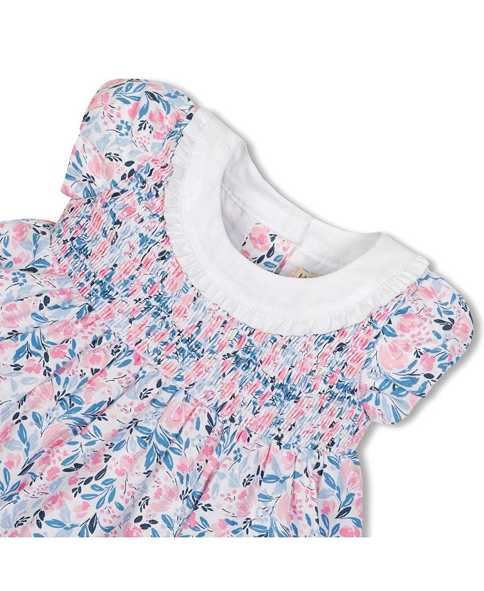 Hope & Henry Layette Baby Girl Short Sleeve Linen Dress with Ruffle