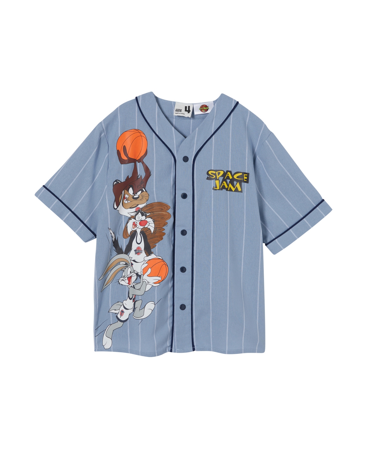 Cotton On Kids' Toddler And Little Boy Character Baseball Short Sleeve Shirt In Dusty Blue Stripe,space Jam