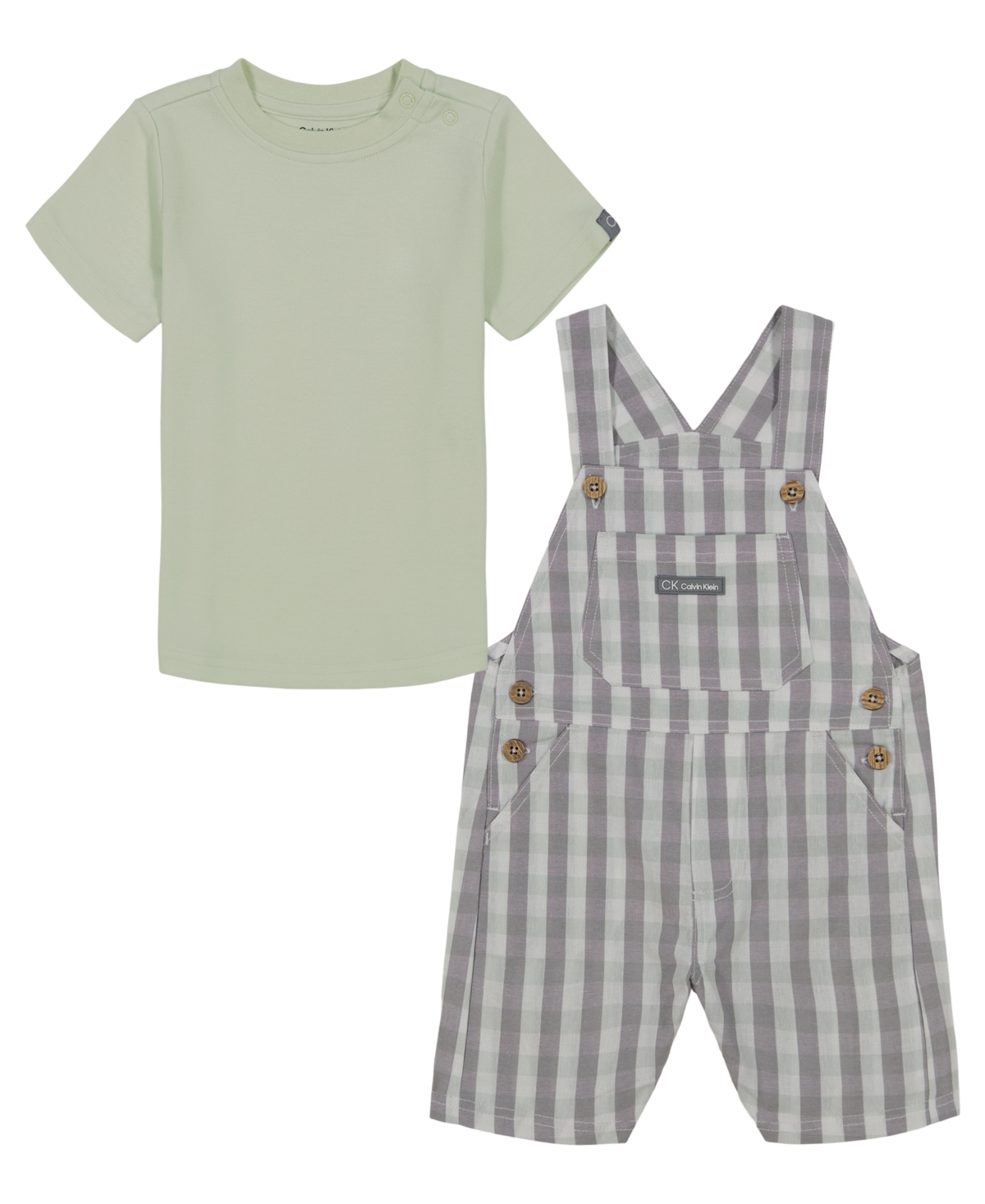 Shop Calvin Klein Baby Boys Check Poplin Shortall And Short Sleeve T-shirt, 2 Piece Set In Green